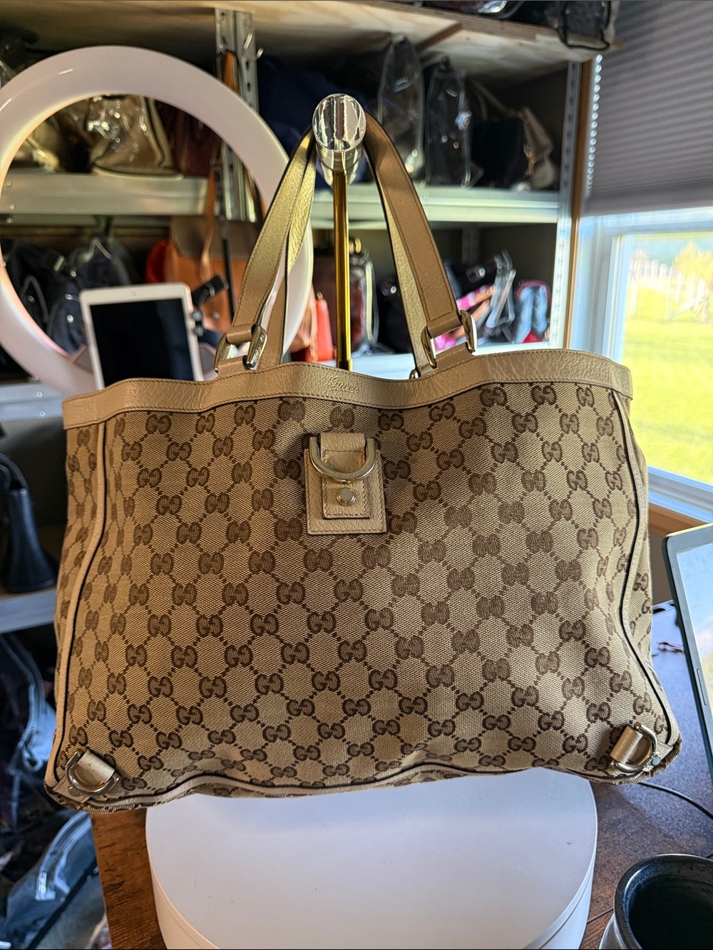 Gucci Beige GG Canvas Tote with Beige Leather Trim
